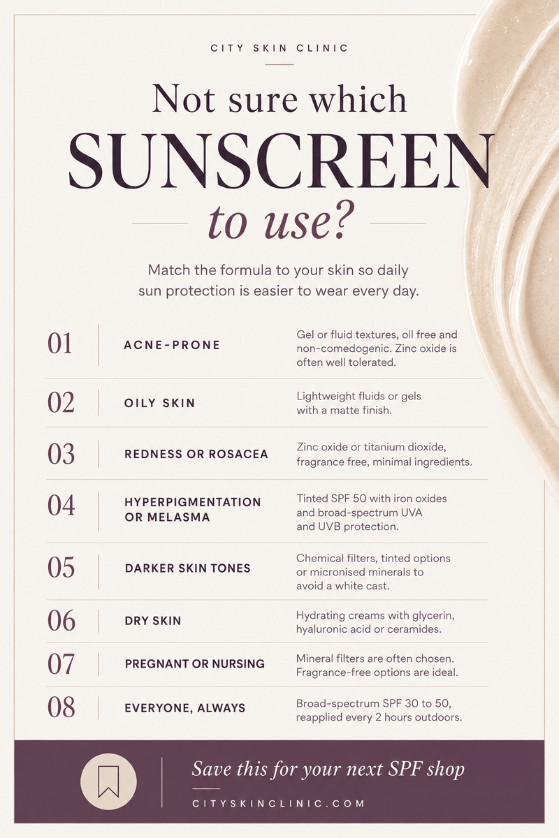 infographic for which sunscreen to use to help people pick one for different skin types
